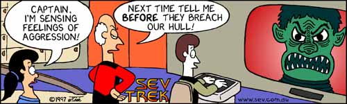 Sev Trek - cartoon spoofs
      of Star Trek. Copyright 1997 by John Cook.